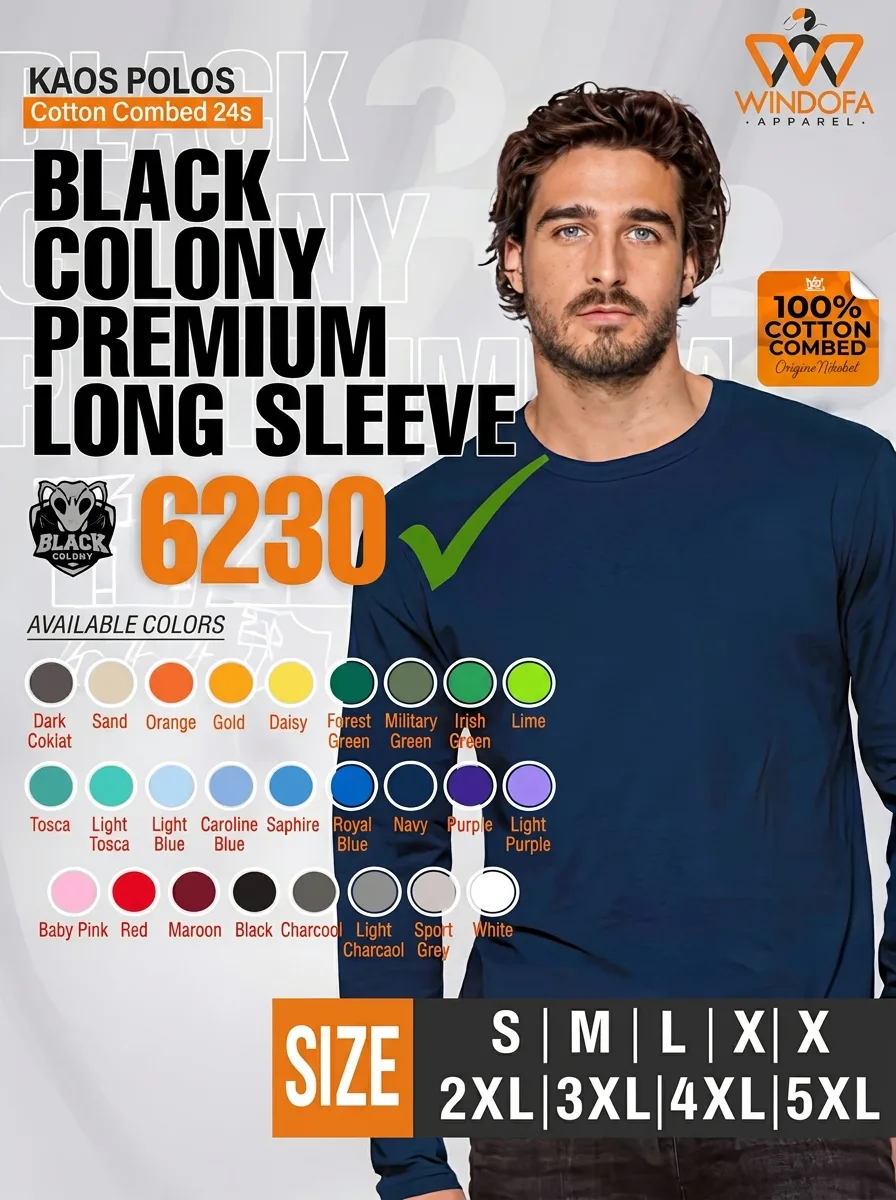 Kaos Polos Lengan Panjang 24s Premium Black Colony Eco Soft 6230